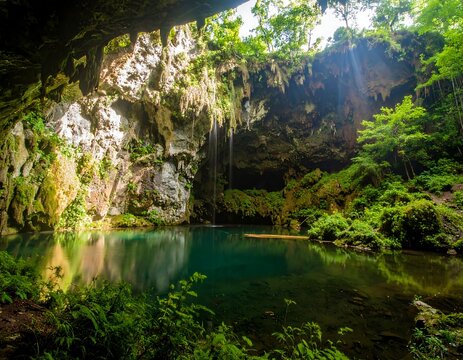 Lush, tranquil cave pool. Sunlight streams through opening
