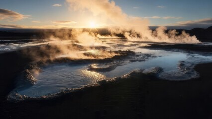 Obraz premium Experience the ethereal beauty of Iceland's geothermal landscape at sunrise with steaming vents and otherworldly formations for travel inspiration