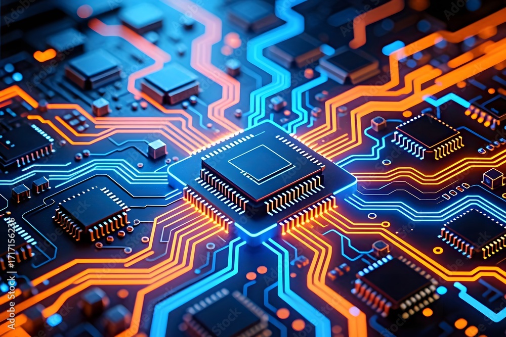 Poster an intricate close-up showcases a central processing unit on a motherboard, highlighted by vibrant b