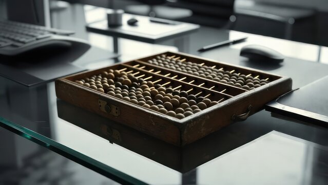 Vintage abacus rests on a modern glass desk beside a computer keyboard and mouse, blending tradition with contemporary business.
