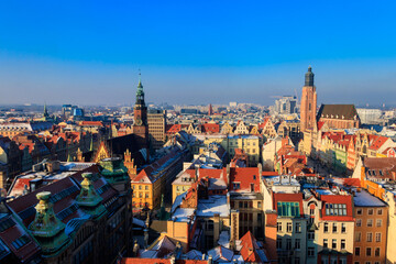 Naklejka premium Amazing Wroclaw city view from Penitents Bridge of St. Mary Magdalene's Cathedral, Poland