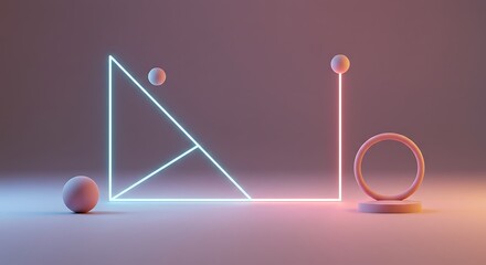 Abstract geometric composition with neon lights and pastel colors