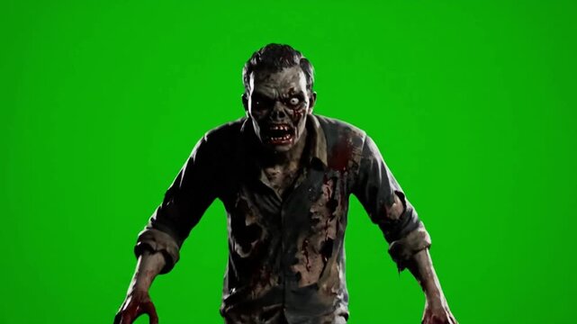 Terrifying zombie approaching menacingly on green screen perfect for horror film composites and scary Halloween effects