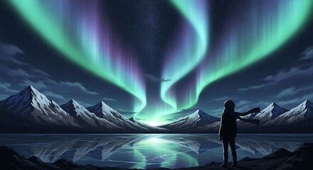 A solitary figure gazes at the vibrant aurora borealis above a frozen lake nestled amongst snow-capped mountains.