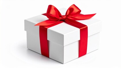 Obraz premium One White Gift Box With Red Bow From Satin Ribbon On White Isolated Background With Clipping Path. E.