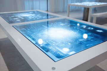 Interactive smart tables with glowing blue futuristic user interface displays in a modern, minimalist room.