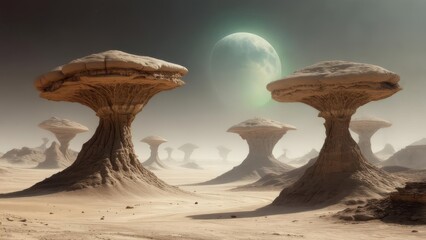 Explore alien desert landscapes with surreal mushroom-shaped rock formations under a glowing moonlit sky, evoking mystery and wonder