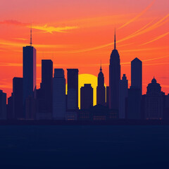 City Skyline Silhouette at Sunset with Skyscrapers and Dramatic Orange Sky
