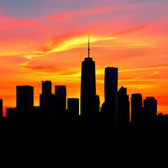 City Skyline Silhouette at Sunset with Skyscrapers and Dramatic Orange Sky
