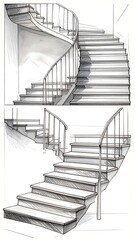 Two-view spiral staircase sketch