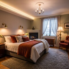 A cozy bedroom featuring a warm color palette, comfortable furnishings, and a charming fireplace.