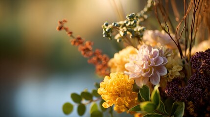 A floral arrangement forming organic shapes against a soft-focus nature background.