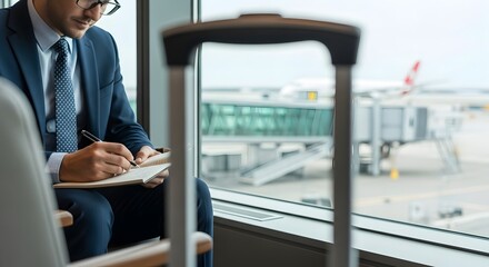 Traveler businessman with suitcase sitting near large window at airport lounge, checking smartphone while waiting for boarding, casual professional lifestyle with coffee cup nearby
