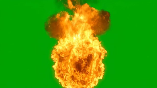 A controlled, small fireball expanding and dissipating quickly, isolated on a solid green screen video, element, sudden