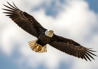 Obraz premium Focused bald eagle soaring with talons extended against a bright sky backdrop