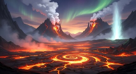 Dramatic volcanic landscape under aurora borealis with lava flows, perfect for fantasy book covers, game design, or environmental documentaries