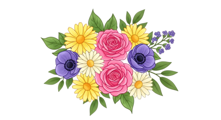 Vibrant watercolor flower bouquet isolated on transparent background
