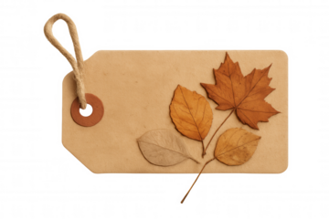 Craft paper tag with autumn leaves, signifying fall season, nature, and rustic decor on transparent background