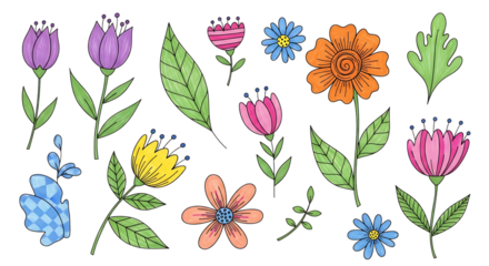 Collection of colorful hand drawn flowers and leaves isolated on transparent background