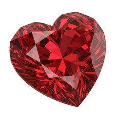 A heart-shaped ruby gemstone, brilliantly faceted, displays a vibrant red hue against a pristine white background.