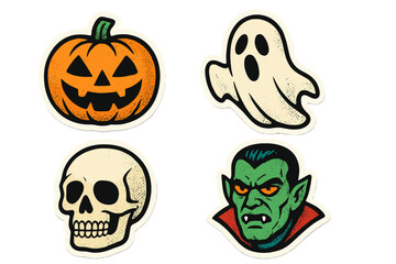Vintage Halloween sticker collection in 90s halftone style. Vector set with scary pumpkin, ghost, skull, and vampire monster. Retro horror paper collage design elements.