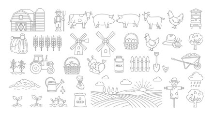 Vector Icons Set of Big set of hand drawn farm and agriculture doodle icons vector illustration. EPS Editable