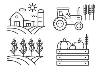 Agriculture farm line icon set. Harvest, field, tractor, barn, silo, wheat, corn, crop, produce crate. Rural landscape outline pictogram collection. Vector illustration.