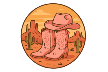 Pink cowgirl boots and hat in a western Arizona desert landscape. Vintage wild west concept with retro country style. American cowboy vector illustration for print or sticker.