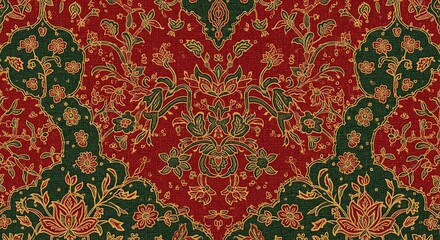 Naklejka premium Intricate Textile Pattern A Symphony of Floral Motifs in Crimson and Emerald, Evoking Timeless Elegance and Artisanal Craftsmanship