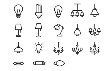 Lighting and electricity icon collection. Vector outline symbols of a light bulb, lamp, chandelier. Editable stroke linear pictogram set for web, app, interior design.