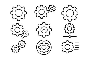 Gear and cog line icon set. Collection of settings, mechanism, and process symbols. Vector outline pictograms for web design, UI, app interface, and system preferences.