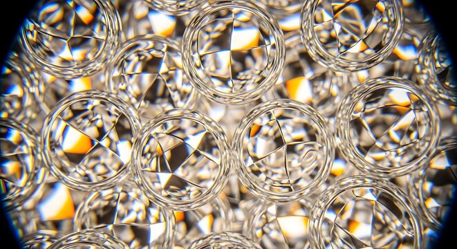 Abstract kaleidoscopic view of transparent faceted spheres, showcasing intricate geometric patterns and light