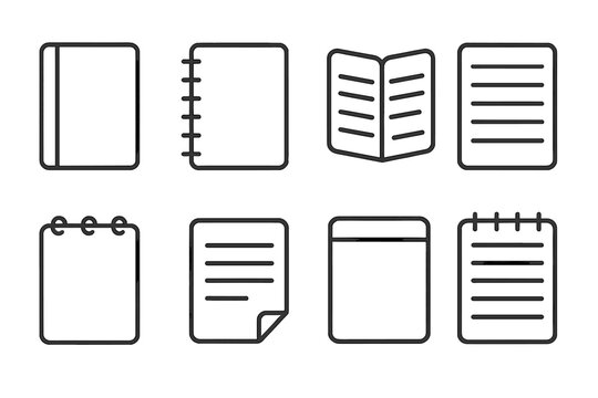 Notebook thin icons collection, editable stroke vector set of book and notebook outline symbols for websites, apps, cards, note-taking, education, office and stationery design