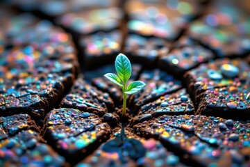 Obraz premium Resilience: A Young Sapling Emerges from Cracked Earth with Prismatic Light, Symbolizing Hope and New Beginnings, Ultra Detailed Macro