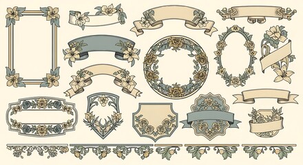 A collection of ornate floral decorative elements, including frames, wreaths, and ribbons, in muted pastel colors.