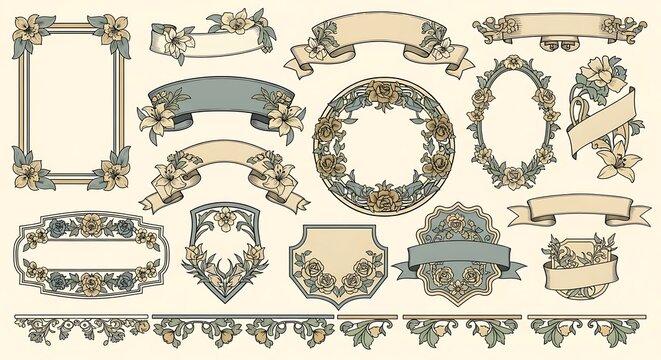 A collection of ornate floral decorative elements, including frames, wreaths, and ribbons, in muted pastel colors.