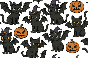 Naklejka premium Halloween seamless pattern with cat vampire, witch kitty and jack o lantern. Gothic black cat character with bat wings. Spooky cartoon vector for kids textile, fabric and wrapping paper.