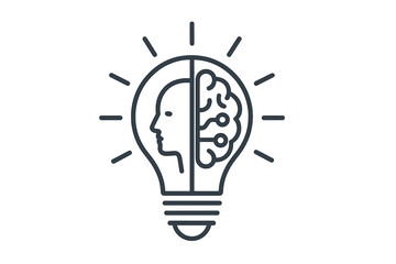 Artificial intelligence idea concept. Light bulb with human head and circuit brain. Machine learning and creative technology icon. Generative AI innovation and cognitive science.
