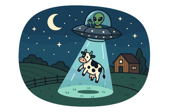UFO alien abduction cartoon illustration, green alien spacecraft beaming cow from farm field at night, crescent moon stars sky, rural house landscape vector art