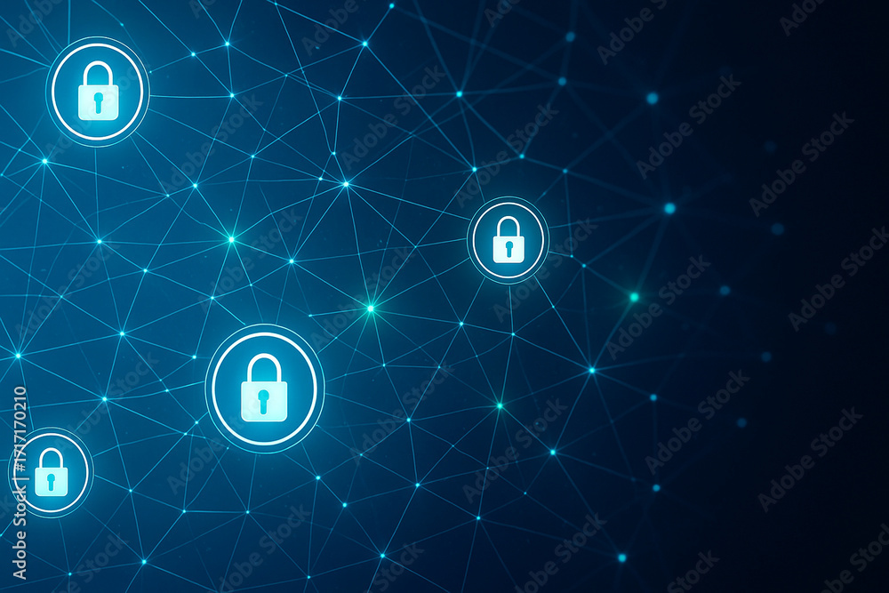 Poster network security concept with lock icons and connected dots on a blue background.