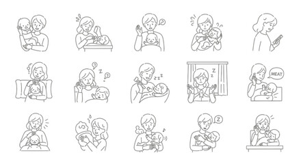 Fototapeta premium Vector Icons Set of Hand drawn illustration set of a mother struggling with a newborn baby. EPS Editable
