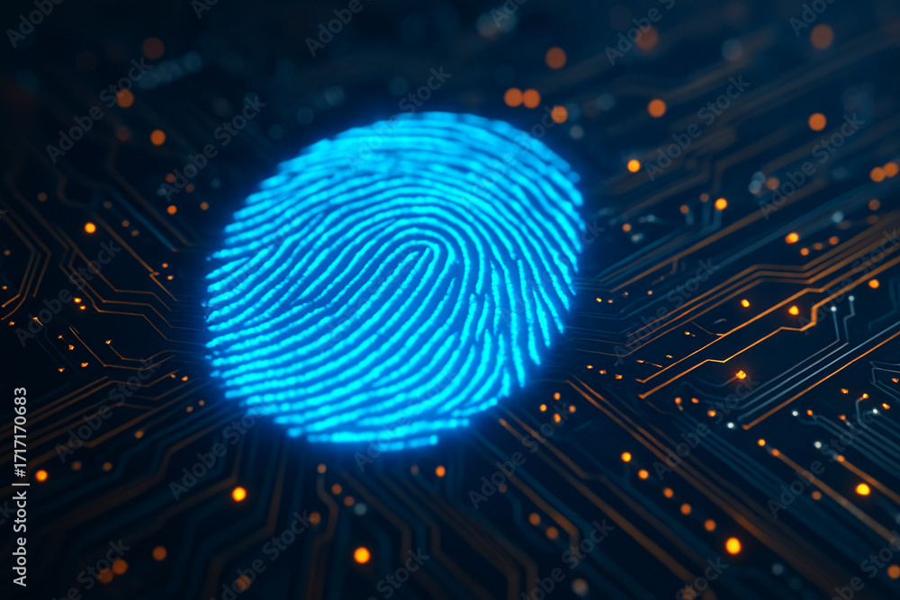 Poster digital fingerprint on a circuit board, representing biometric security and technology.