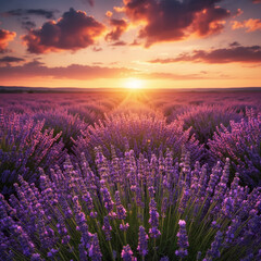 Fototapeta premium Hyper-Realistic Golden Sunset Over Lavender Field