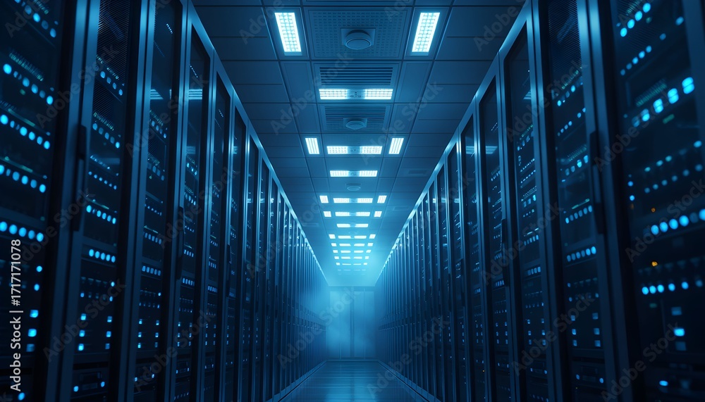 Poster a long, futuristic corridor in a data center with rows of server racks illuminated by blue lights, s