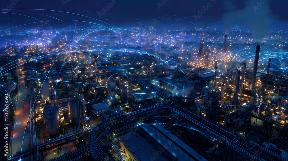 Poster factories form a neural map, firing across blue-lit pathways like thoughts through a synthetic mind