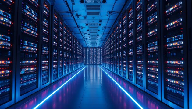 A long, symmetrical hallway in a data center, filled with servers and glowing lights.