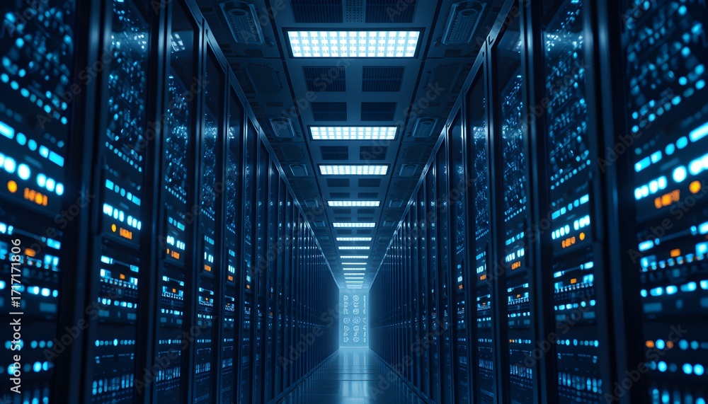 Poster rows of servers in a modern data center.