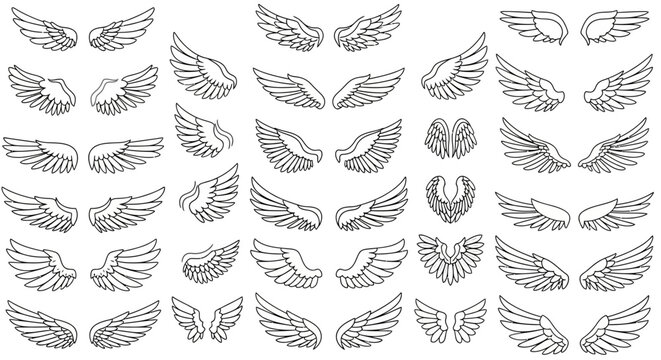 Vector Icons Set of Monochrome Sketch Collection of Various Fantasy Angel Wings. EPS Editable