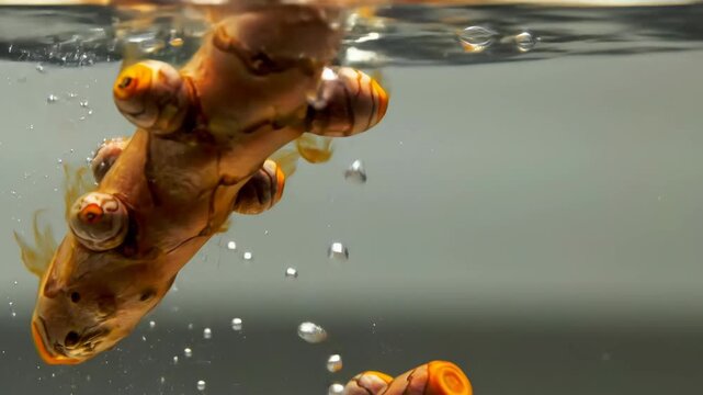 Fresh turmeric root underwater with bubbles for healthy lifestyle and food ingredient.