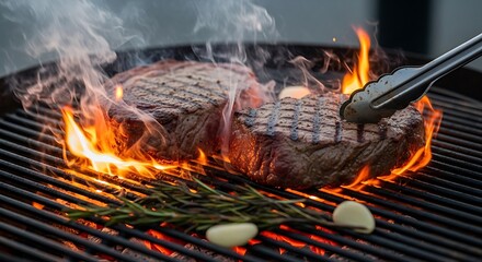 Two juicy steaks sizzle on a hot grill, surrounded by flames and smoke, ready for a delicious meal.